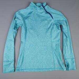 Eddie Bauer Womens Medium Athletic Moto Pullover Thumb Holes Marbled Blue Green